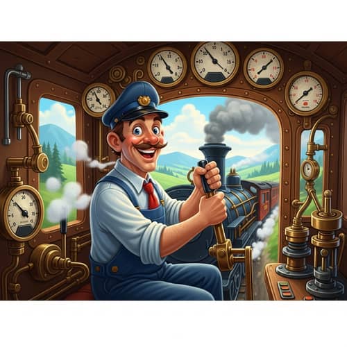 Cheerful Train Operator Illustration | Animated Steam Locomotive
