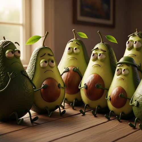 Fun Avocado Faces: Creative Image of Six Thoughtful Avocados