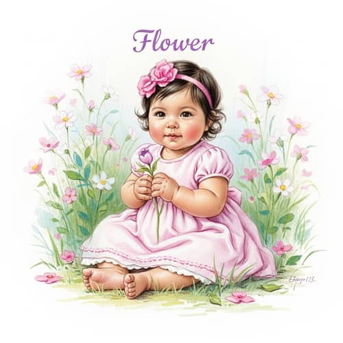 Whimsical Garden Scene with 'Flower': Hispanic Baby Girl Sketch