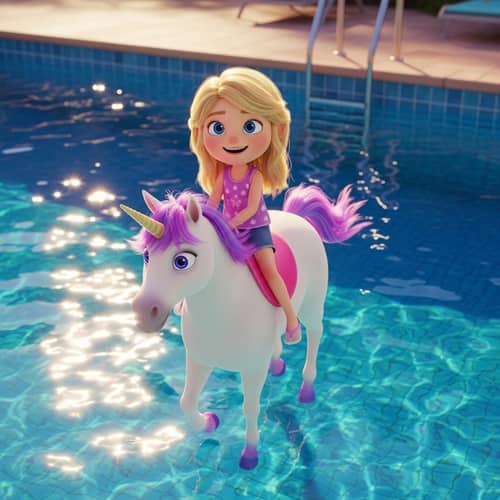 Blonde Girl Riding Unicorn by Pool - Animated 3D Image