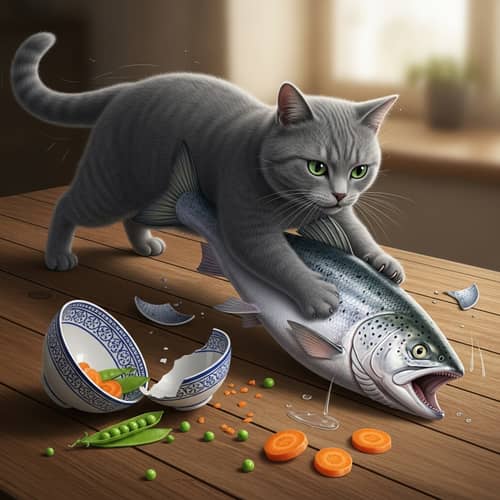 Mischievous Cat Stealing Shiny Silver Fish - Illustration