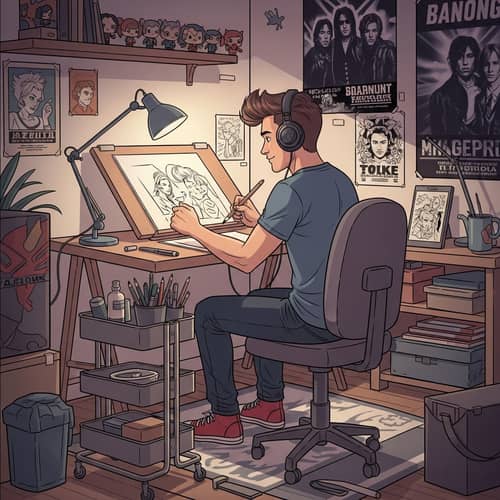 Comic Artist Immersed in Music | Art Room Decor