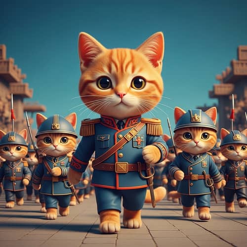 Colorful Ginger Shortbread Cat in Military Uniform Leading Cat Soldiers