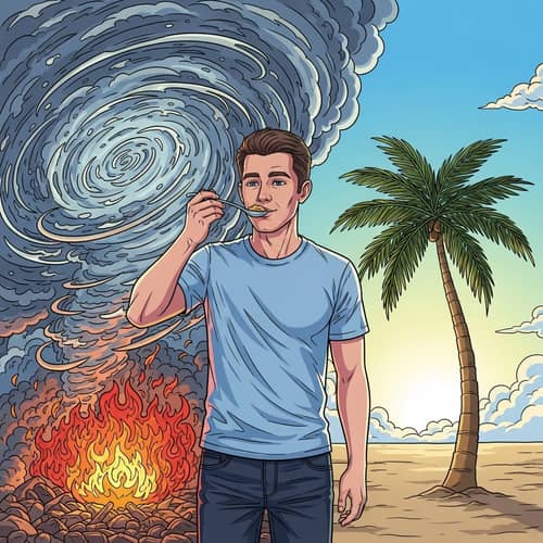 Caucasian Man Enjoying Food in Chaos and Serenity Scene