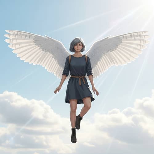 Hispanic Girl with Snowy Owl Wings in Pale Blue Sky