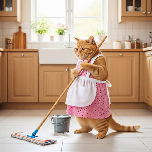 Pregnant Ginger British Shorthair Cat Cleaning Floor in Pink Dress