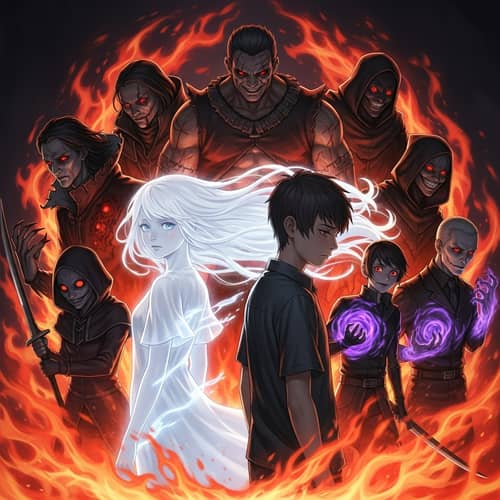 Boy with Phantom-Like Girl Surrounded by Menacing Figures