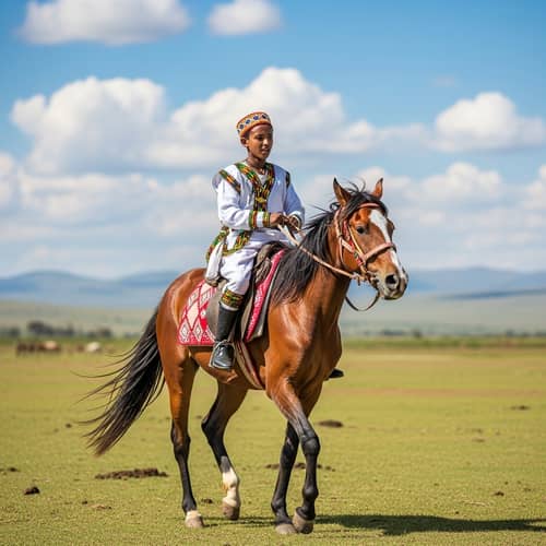 Ethiopian Boy in Traditional Clothing Riding Horse