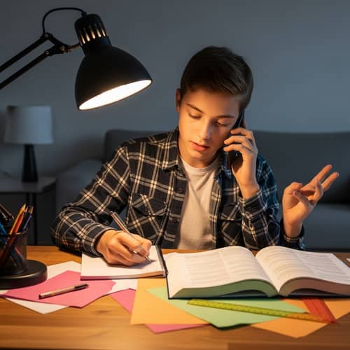 Caucasian Boy Multitasking Homework and Phone Call