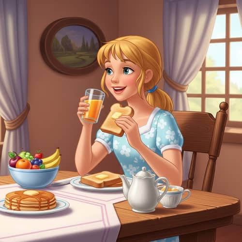 Charming 16-Year-Old Caucasian Girl Enjoys Breakfast Disney-Pixar Style