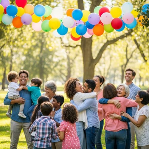 Joyful Reunion Under Multicolored Balloons at Beautiful Park