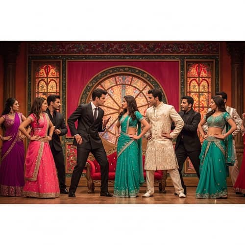 Dynamic Bollywood Parody - Diverse Cast on Vibrant Stage