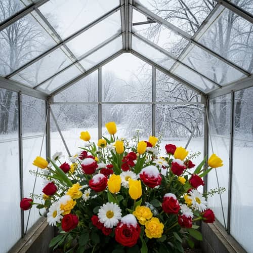 Winter Bloom Birthday Gift: Roses, Tulips & Daisies in a Greenhouse