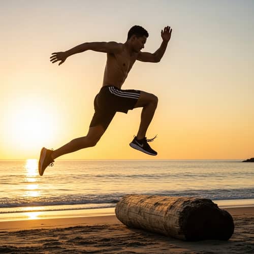 Athletic Figure Running on Serene Beach at Sunset