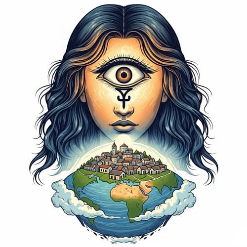 Divine Entity with Thermonuclear Eye Symbol Above Small Town