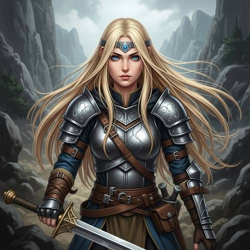 Female Warrior with Long Blonde Hair and Blue Eyes