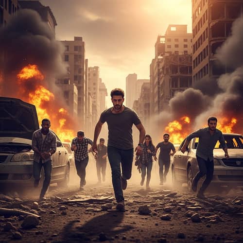 City in Ruins: Catastrophe Scene with Evacuation in Progress
