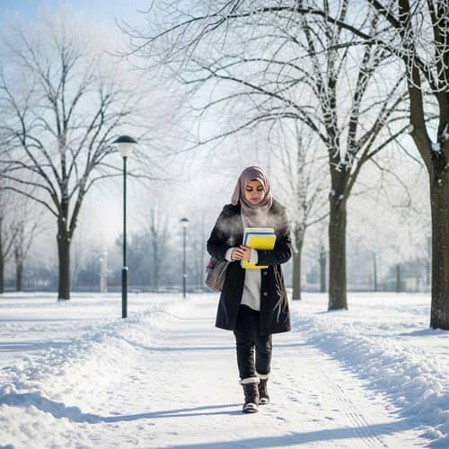 Muslim Student in Winter: Scholarly Pursuits in Snowy Landscape