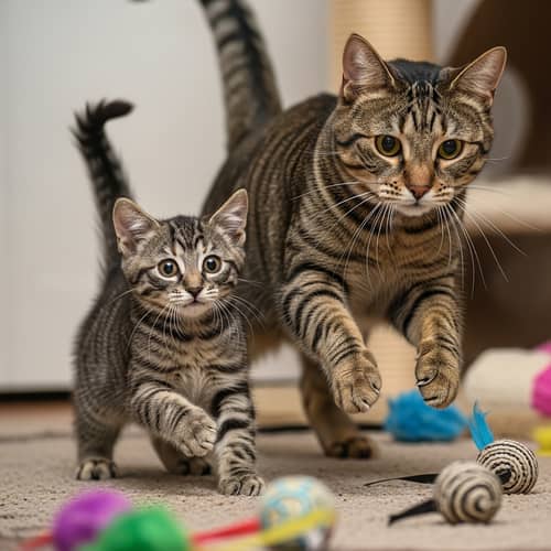 Playful Feline Chase: Mother and Kitten in Friendly Home Environment