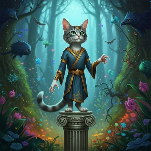 Cat-Human Hybrid Creature in Enchanted Forest