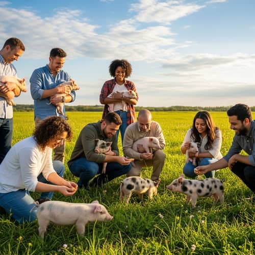 Diverse People Interacting with Cute Piglets in Sunny Field