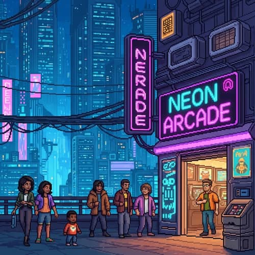 Pixel Art Cyberpunk City with Vibrant Shop Scene