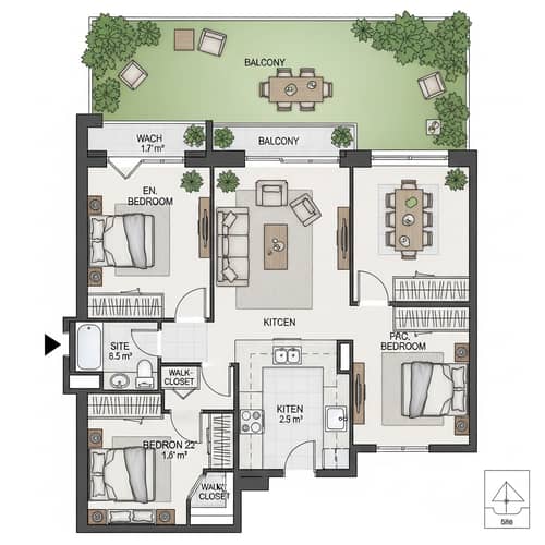 Spacious Two-Bedroom Apartment Floor Plan with Open Concept Kitchen