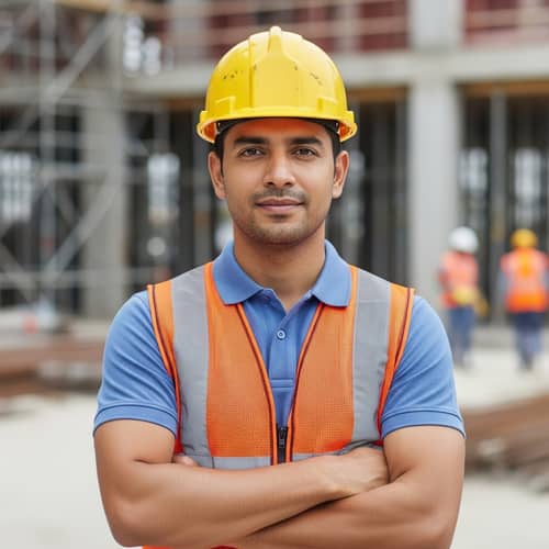 South Asian Construction Worker with Arms Crossed | Blue Polo Shirt