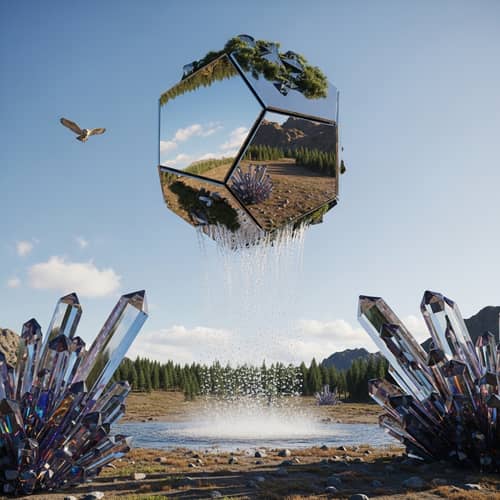 Floating Metallic Geometrical Structure Reflecting Natural Landscape
