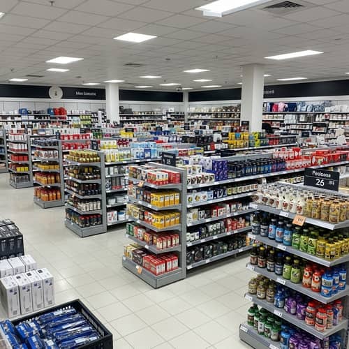 Well-Stocked Department Store Aisles with Apparel, Electronics, Homeware & Food Items
