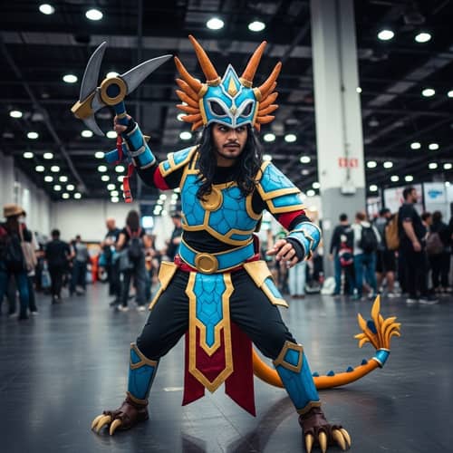 Middle-Eastern Mythical Creature Cosplayer: Vibrant Colors & Metallic Accents