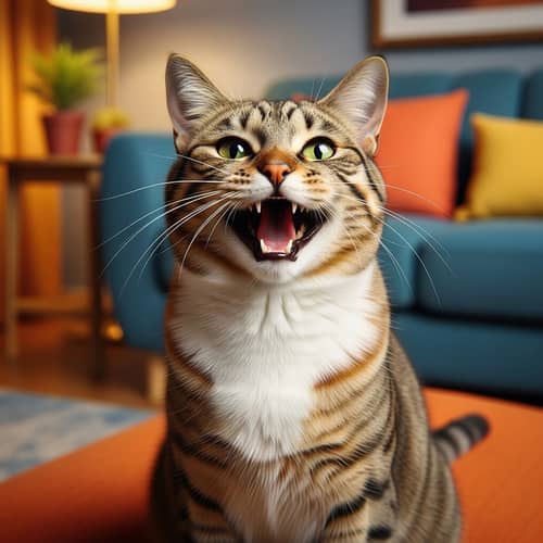 Playful Smiling Cat in Cozy Living Room - Vibrant Pet Photography