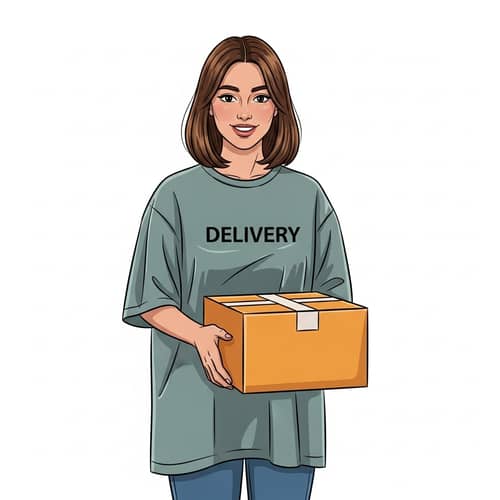 Beautiful Hispanic Woman in Fashion Delivery T-Shirt with Bright Box