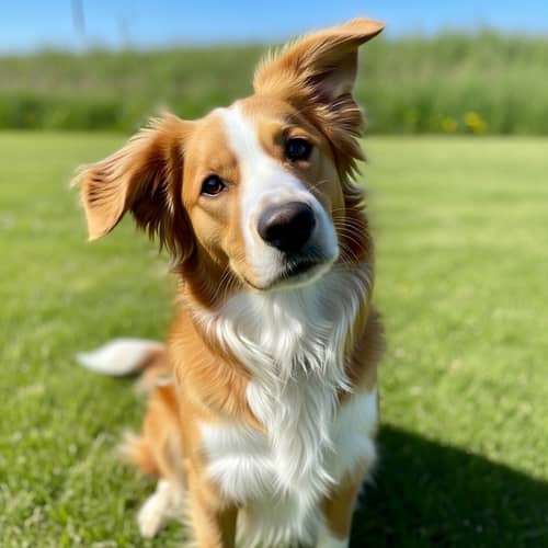 Playful Dog with Long Hair on Sunny Grass Field