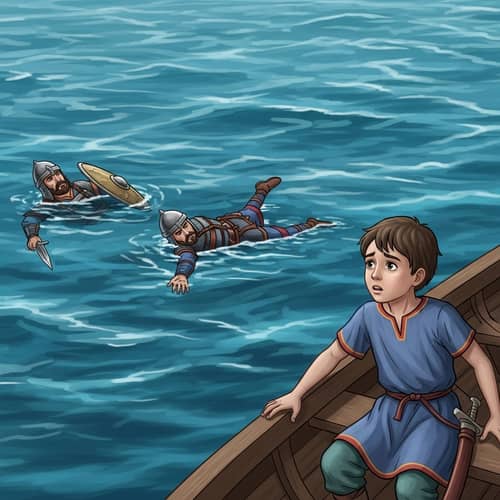 Empathetic Boy in Boat Witnessing Soldiers Drowning in Sea