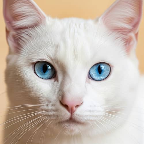 White Cat with Blue Eyes on Light Orange Background