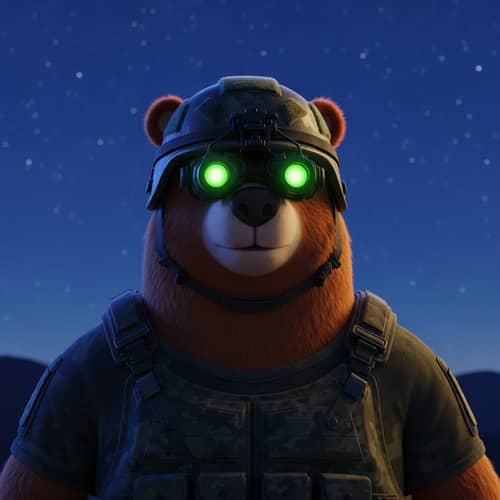 Cartoon Bear in Military Helmet with Night-Vision Goggles