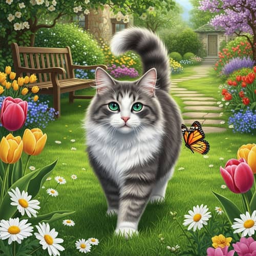 Fluffy Cat Playfully Prancing in Vibrant Garden