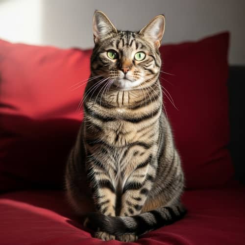 Striking Dark and Light Pattern Cat on Red Cushion