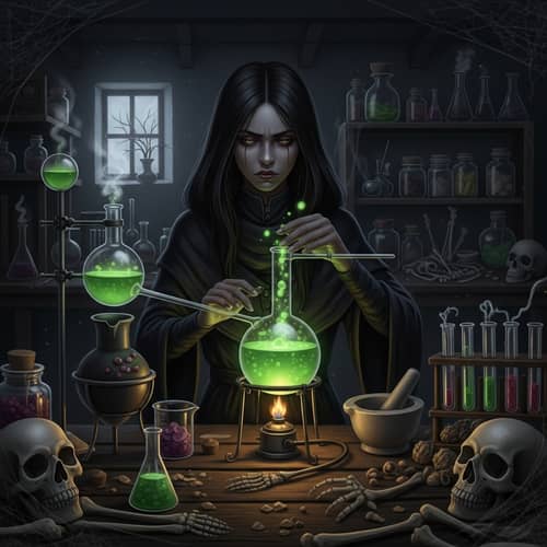 Gloomy Female Alchemist Brewing Green Poison Potion