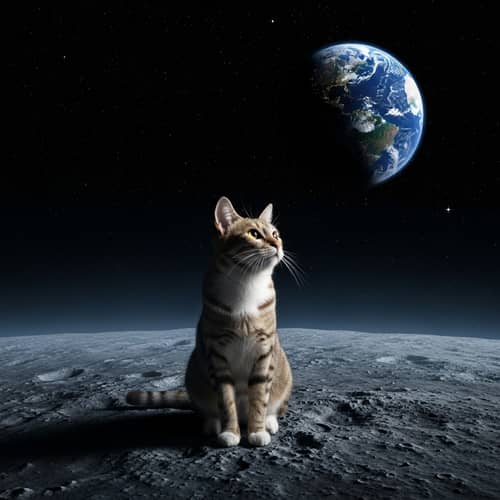 Playful Cat Sitting on Moon | Cosmic Fantasy Scene