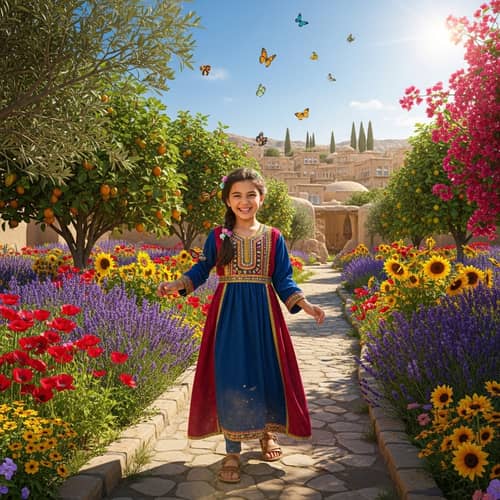 Young Arab Girl Playing in Colorful Garden | Middle-Eastern Village Scene