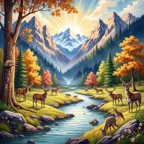 Nature's Serenity: Majestic Mountains, Vibrant Forests, and Wildlife Harmony