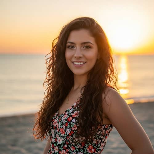 Stunning Hispanic Woman in Floral Sundress at Sunset