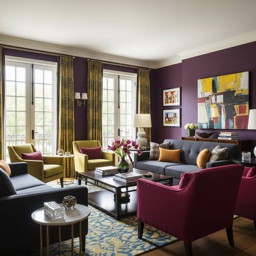 Elegant Living Room with French Doors and Dark Wood Furniture