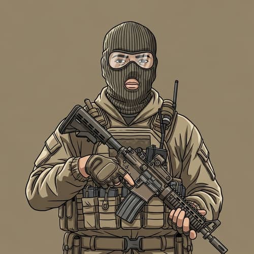 Cartoon Character in Ski Mask and Tactical Gear with Rifle