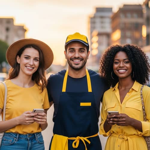 Smiling Hispanic Grocer with Two Women in Yellow Outfits