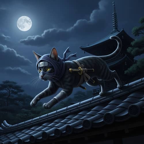 Ninja Cat - Agile Feline with Sharp Gaze | Japanese Garden Scene