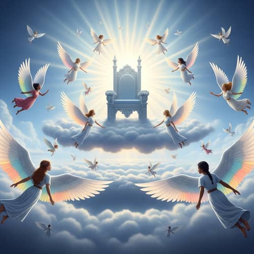 Majestic Divine Scene in Celestial Sphere | Ethereal Beings Soaring Around Heavens Chair