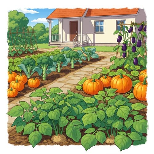 Vibrant House Backyard with Thriving Vegetable Garden